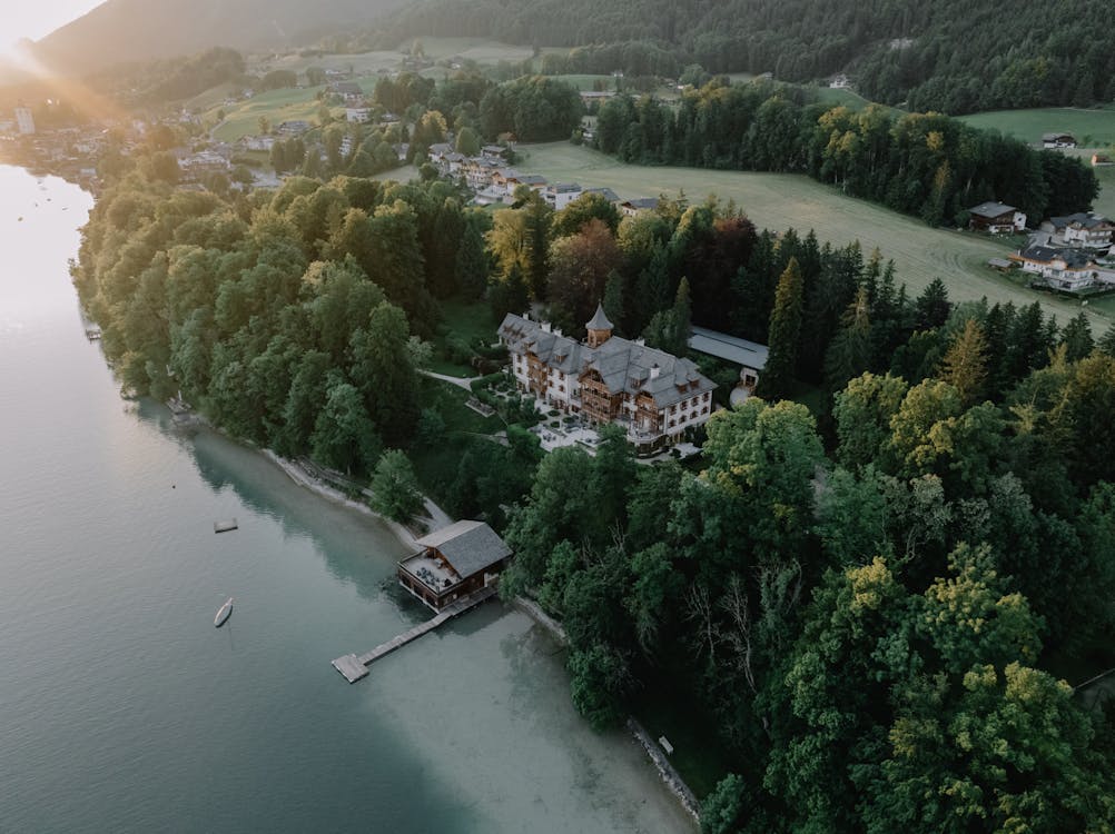 Shot of a Residence in the Woods on the Shore of Lake Wolfgang, Salzburg